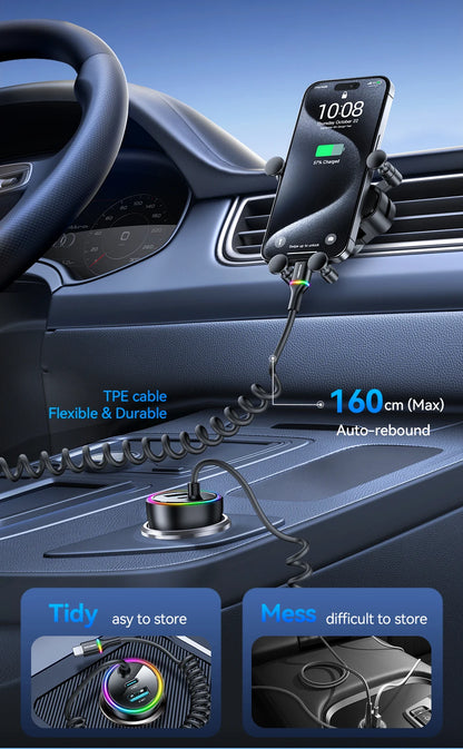 70W Fast USB-C Car Charger with 1.6m Retractable Spring Cable