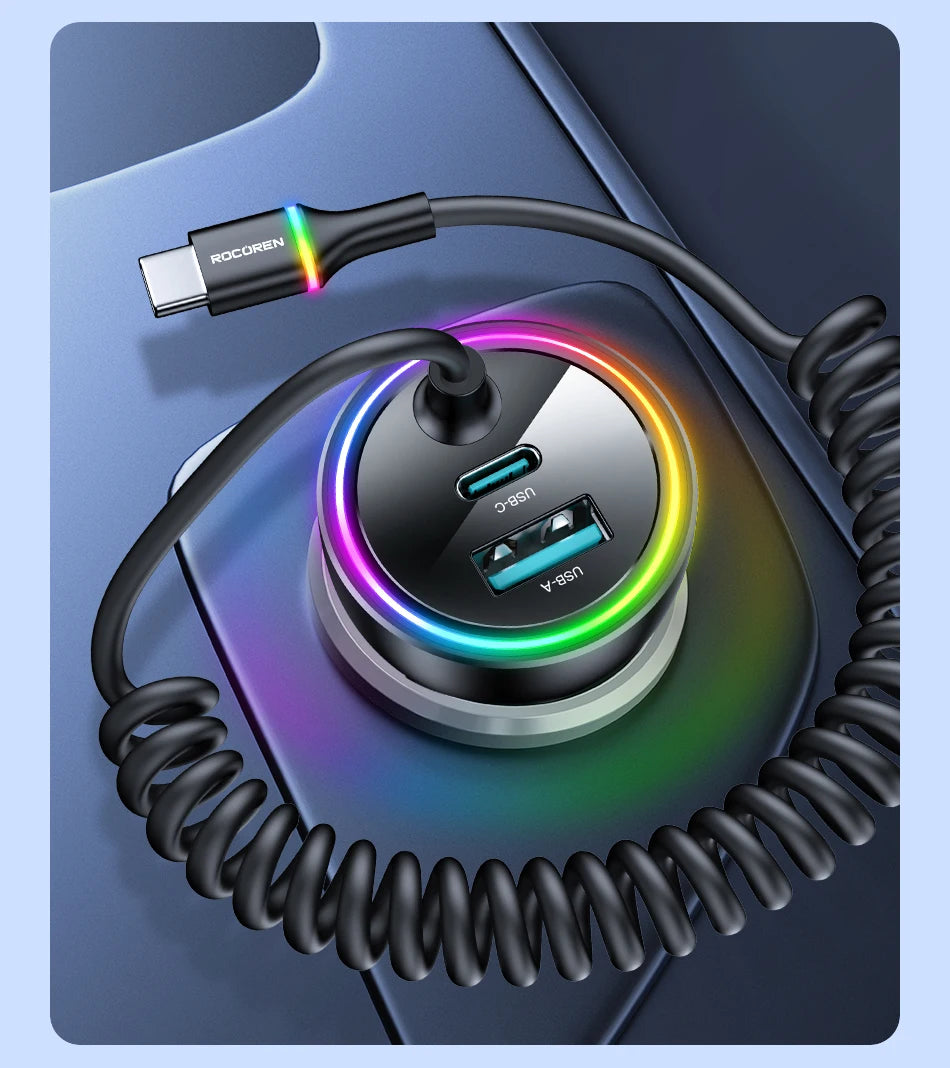 70W Fast USB-C Car Charger with 1.6m Retractable Spring Cable