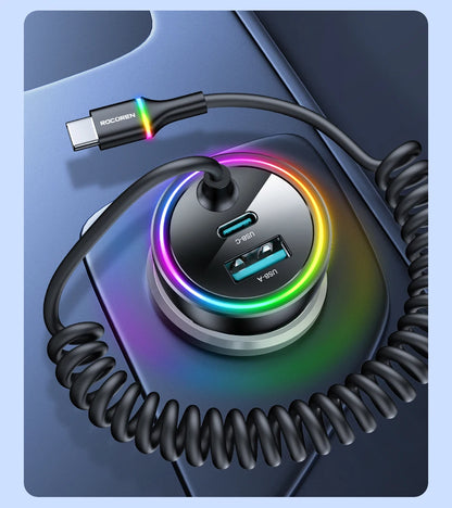 70W Fast USB-C Car Charger with 1.6m Retractable Spring Cable