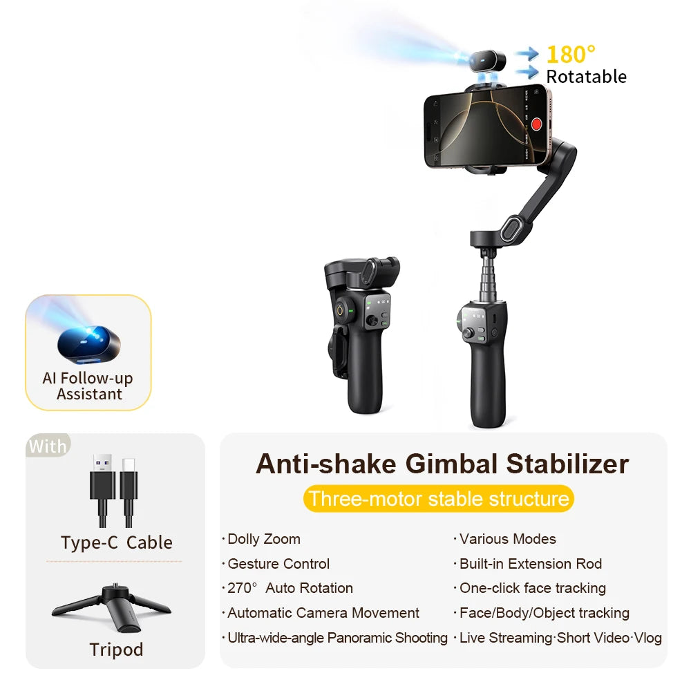 3-Axis Phone Gimbal Stabilizer with Tripod, Extension Rod & Face Tracking