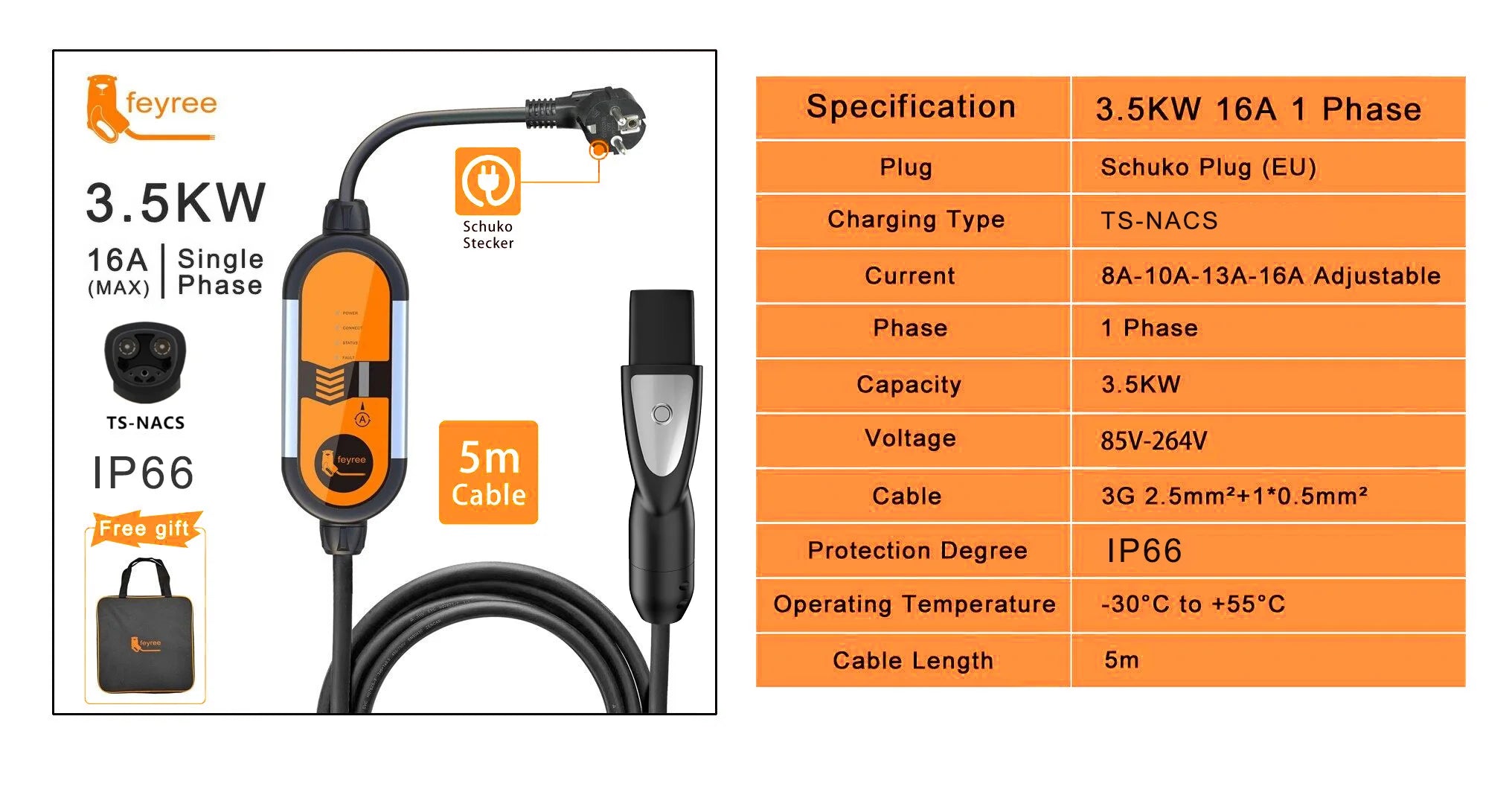 Portable 3.5KW Level 2 EV Charger - Type 2 Adjustable Charging Cable (5m) - 10