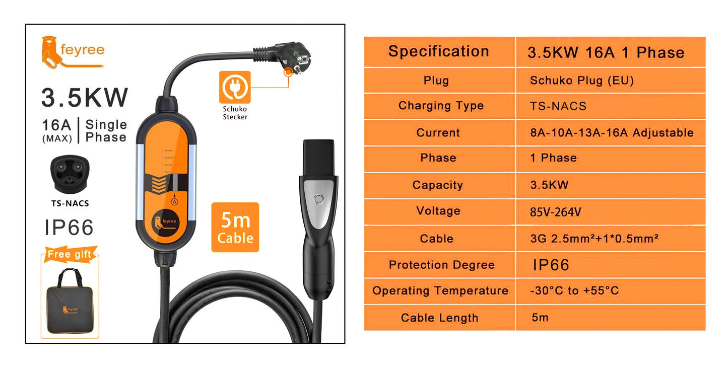 Portable 3.5KW Level 2 EV Charger - Type 2 Adjustable Charging Cable (5m)