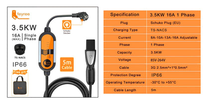 Portable 3.5KW Level 2 EV Charger - Type 2 Adjustable Charging Cable (5m)