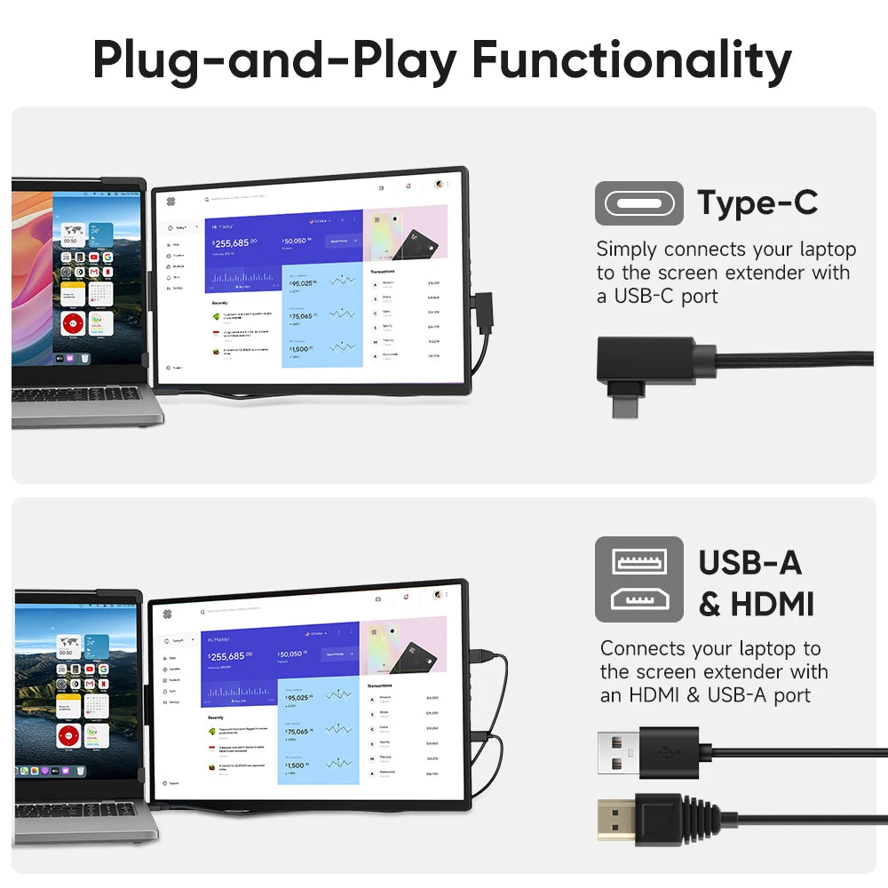 14.1" Portable Laptop Monitor - 1200P FHD IPS Triple Screen Extender - 3