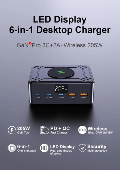 205W GaN Desktop Fast Charger - 6-in-1 USB-C PD Multi-Port Charging Station