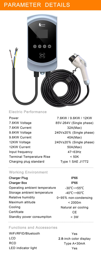 Smart Type 1 EV Wallbox Charger - 7.6kW to 12kW Fast Home Charging Station