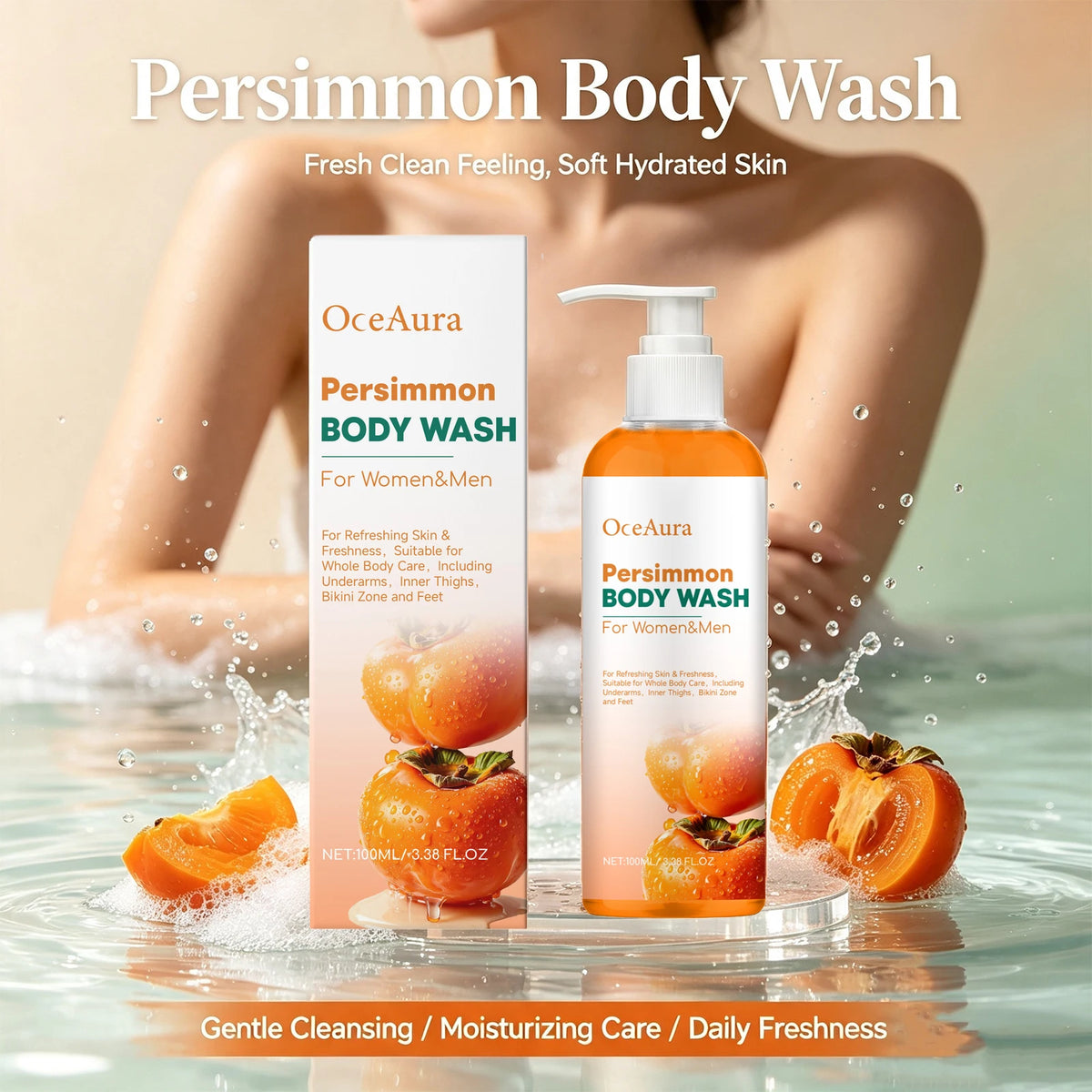 Natural Persimmon Body Wash - Odor Eliminating Deodorizing Shower Gel for All Skin