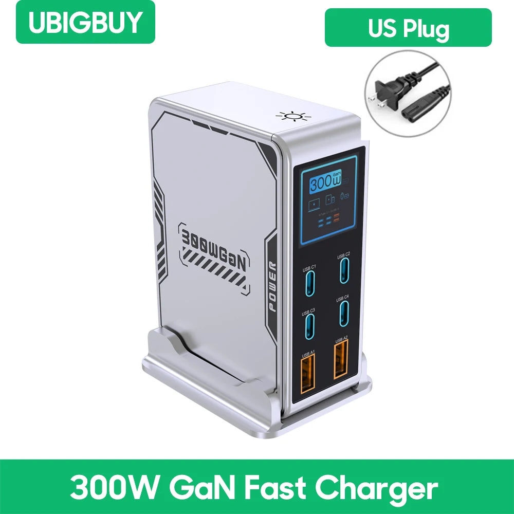 300W GaN 6-Port Desktop Fast Charger Station with Digital Display - 43