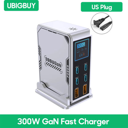 300W GaN 6-Port Fast Charging Station with Digital Display for All Devices