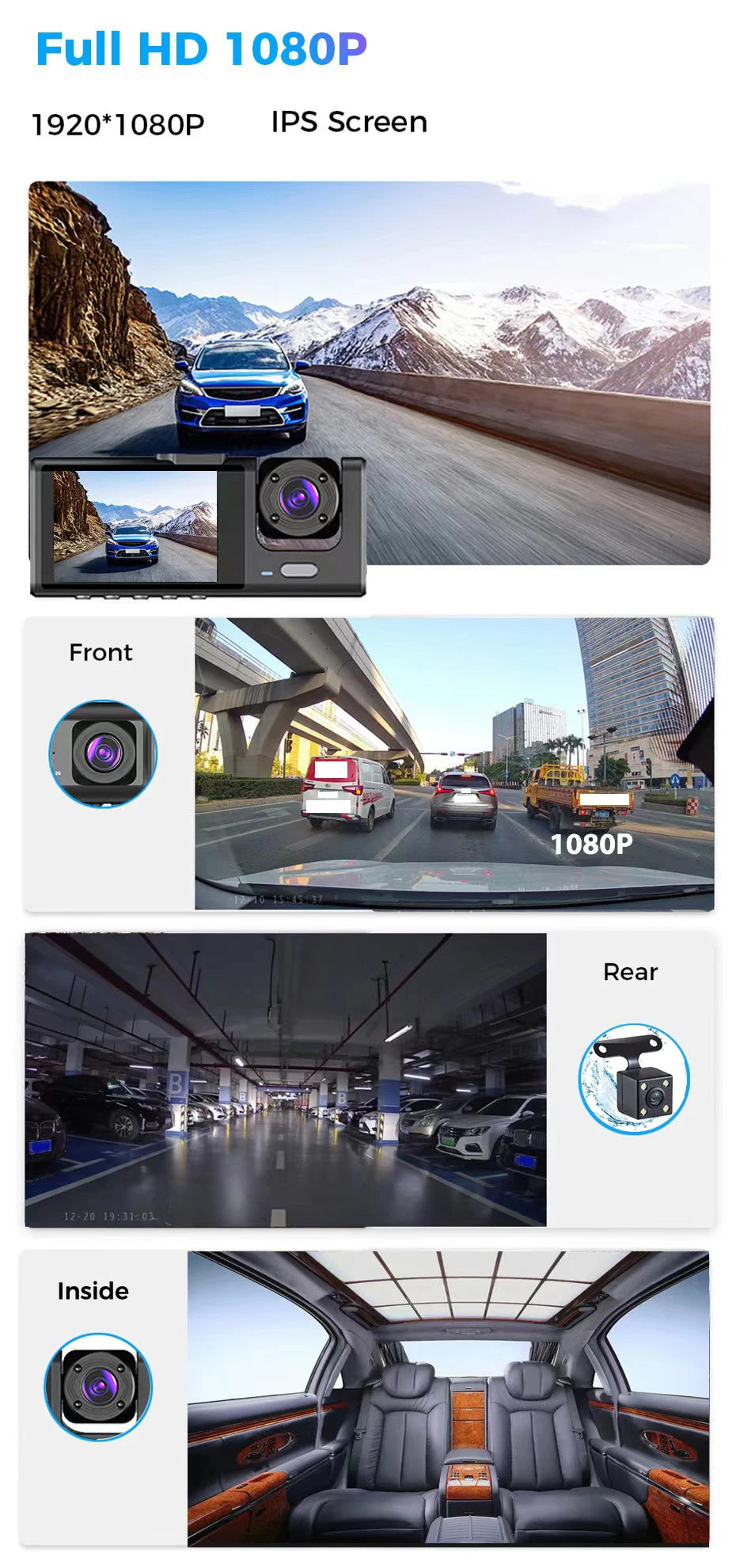3-Lens 1080P Dash Cam with IR Night Vision, Loop Recording & G-Sensor - 14