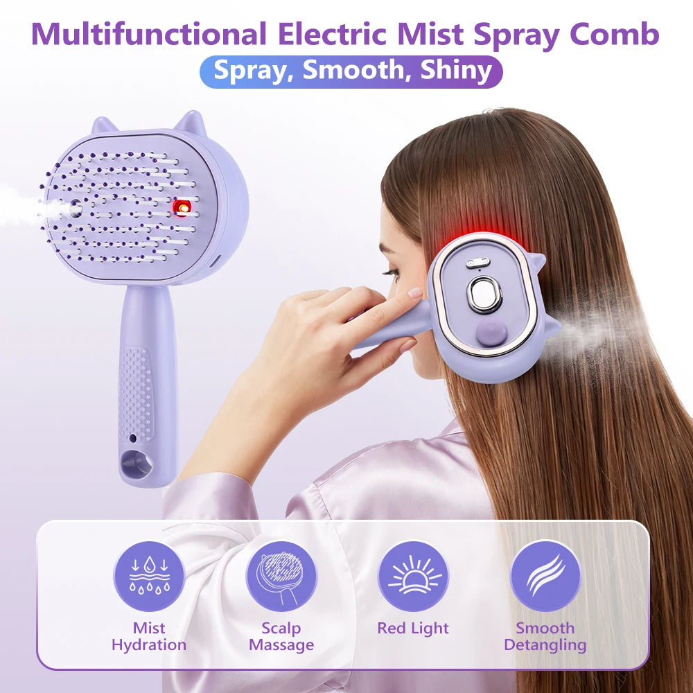 Electric Mist Spray Scalp Massager & Detangling Hair Brush with LED Light - 1