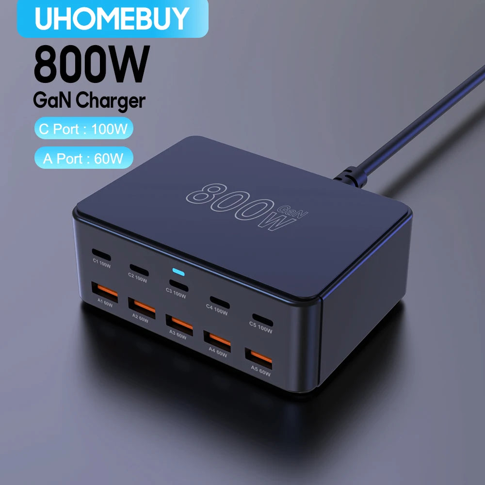 10-Port 800W GaN Desktop Fast Charging Station - 100W USB-C PD Charger