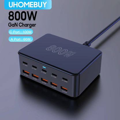 10-Port 800W GaN Desktop Fast Charging Station - 100W USB-C PD Charger