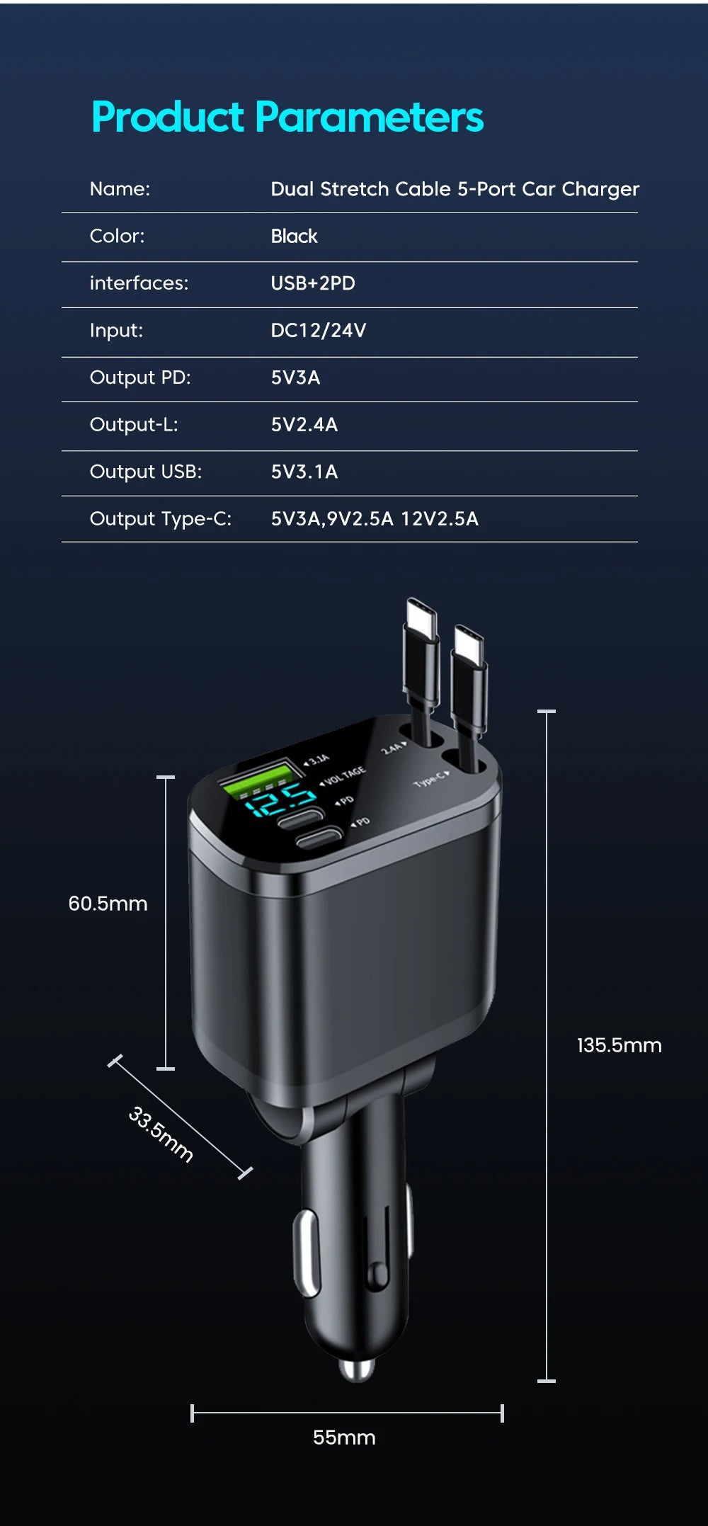 5-in-1 Retractable Fast Car Charger with LED Display - 120W Multi-Port - 15