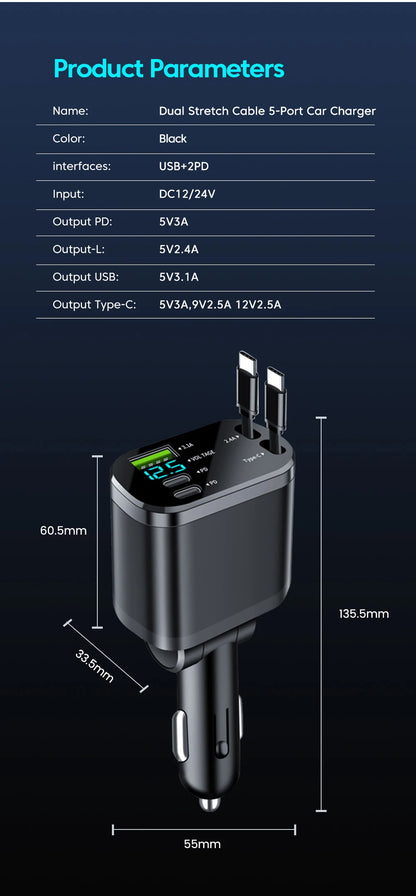5-in-1 Retractable Fast Car Charger with LED Display - 120W Multi-Port