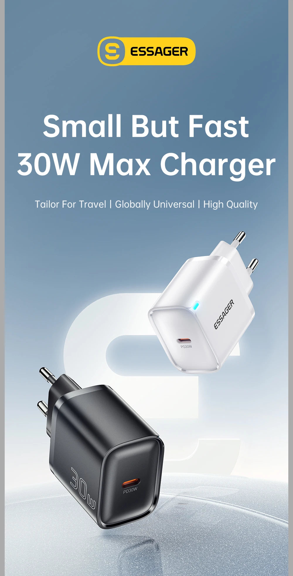 Mini 30W USB-C Fast Charger - PD & QC 3.0 Power Adapter for iPhone & Android - 7