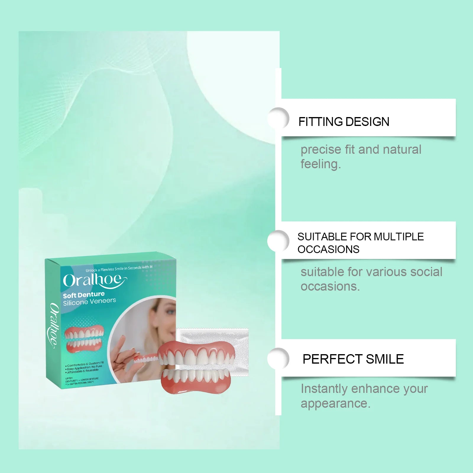 Silicone Temporary Dentures - Comfortable Snap-On Smile & Teeth Repair Kit - 8