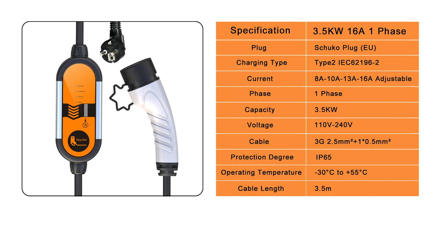 Portable EV Charger Type 1 & 2 - 3.5kW Adjustable Electric Car Charger