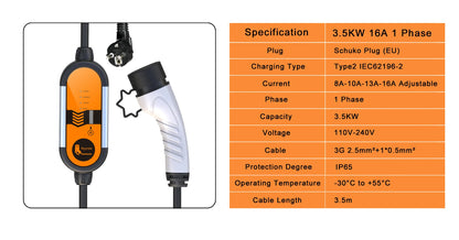 Portable EV Charger Type 1 & 2 - 3.5kW Adjustable Electric Car Charger