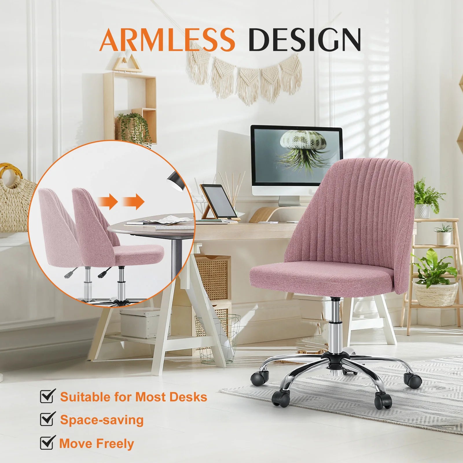 Modern Armless Swivel Desk Chair - Adjustable Height Vanity Task Chair - 6