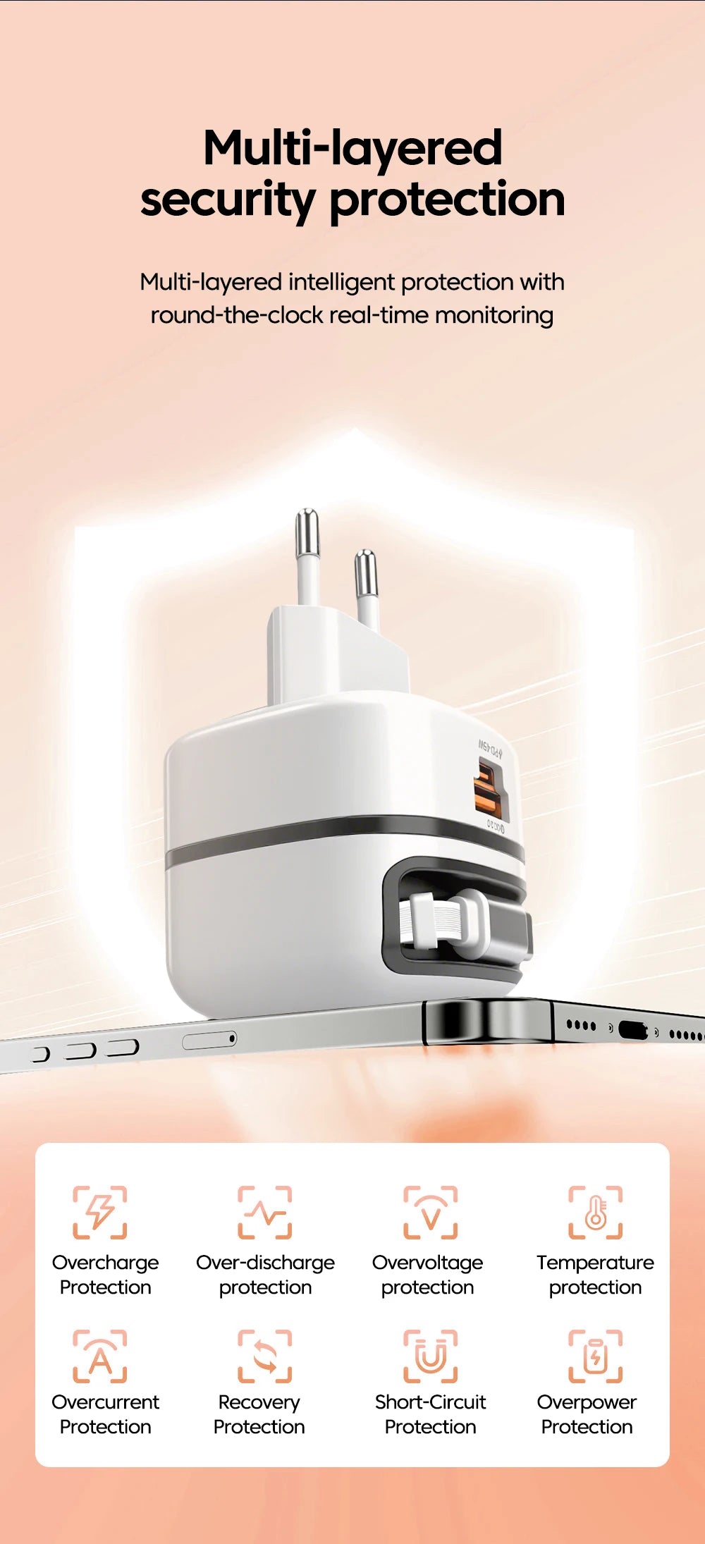 65W Fast USB-C Charger & Retractable Cable Adapter for Laptop and Phone