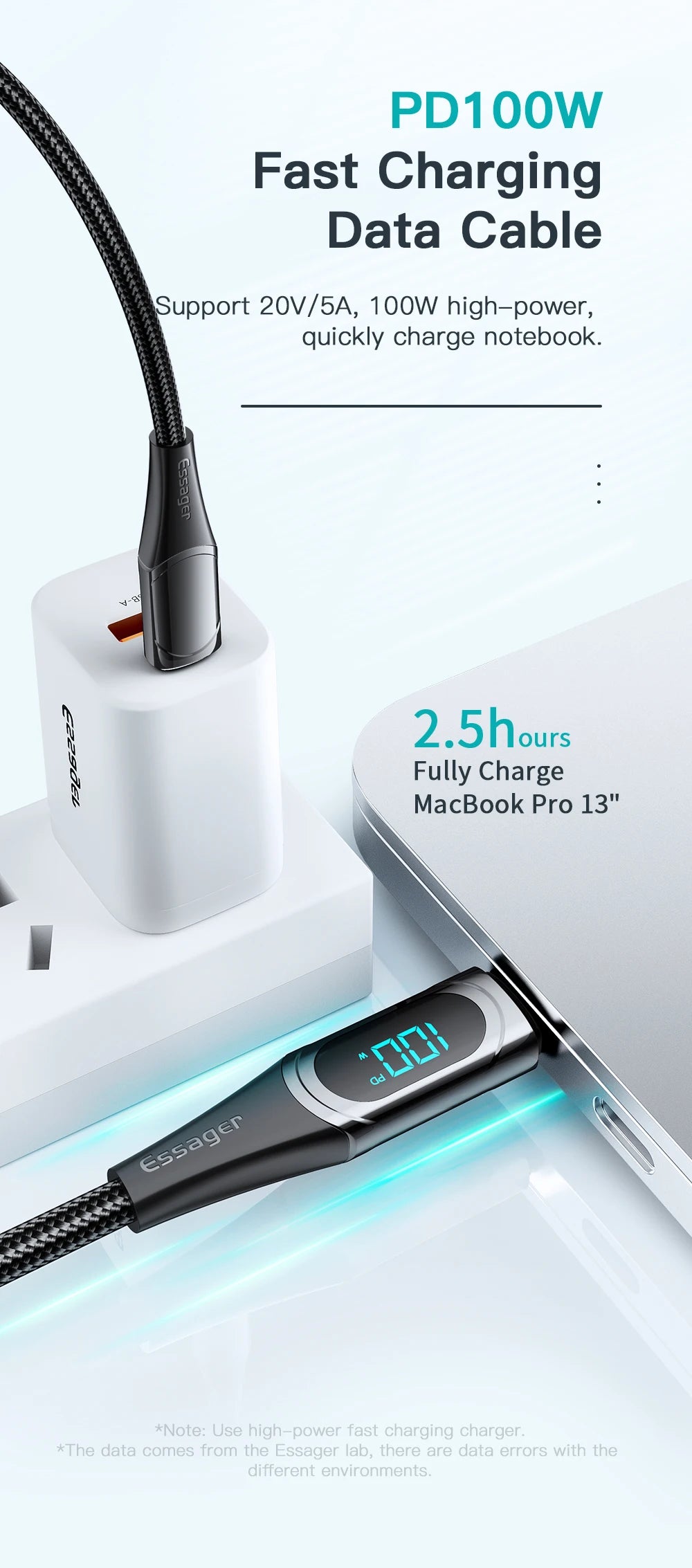 Essager 100W USB-C to USB-C Fast Charging Cable with LED Display