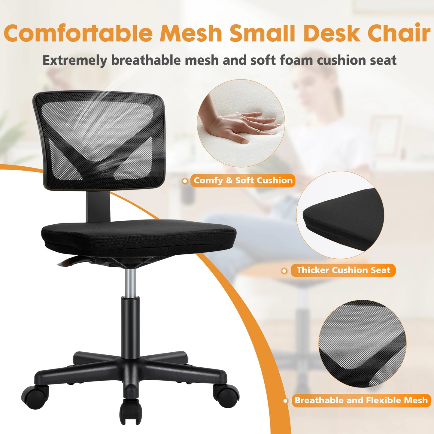 Ergonomic Mesh Armless Office Chair with Lumbar Support & Adjustable Height