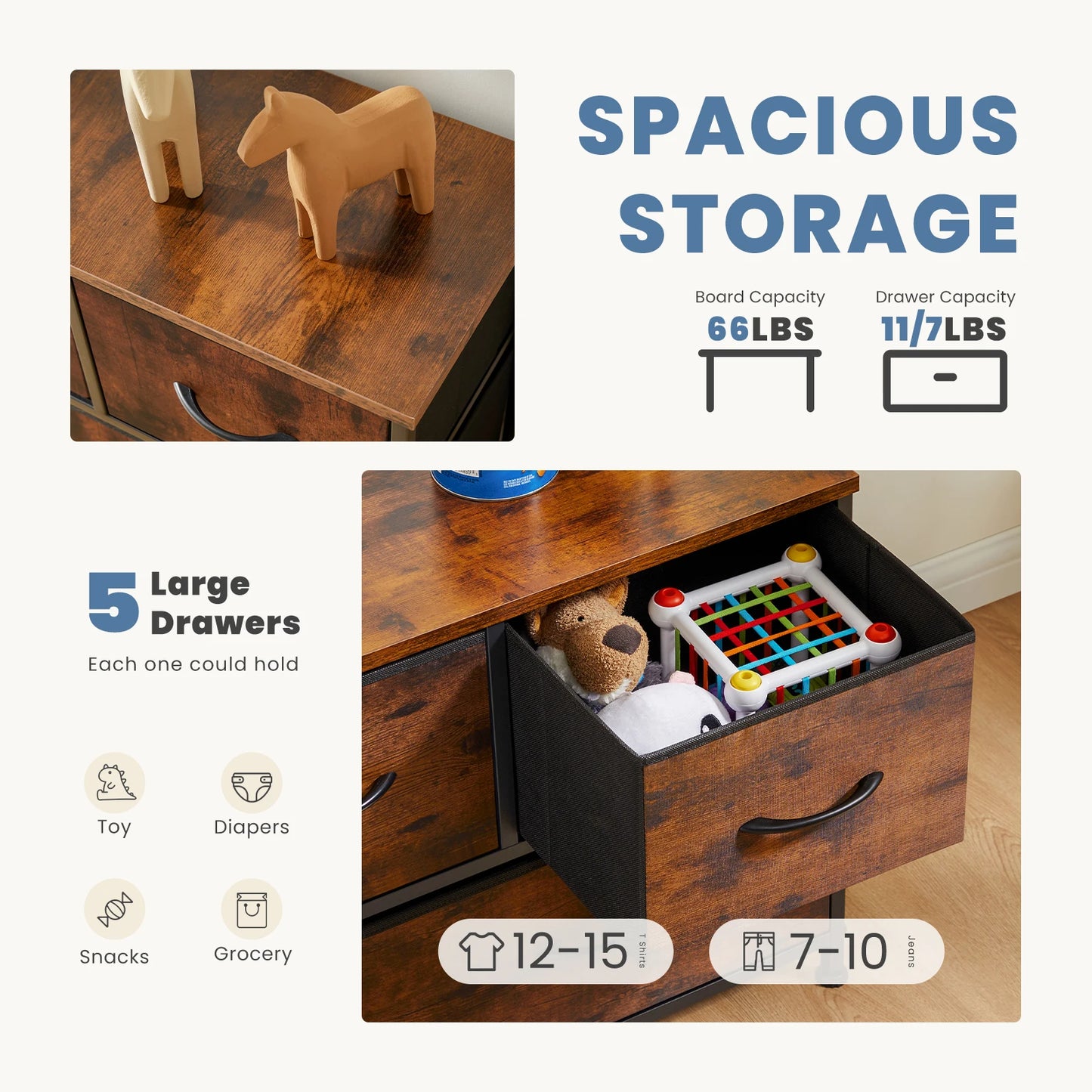 5-Drawer Fabric Dresser Storage Tower with Sturdy Steel Frame