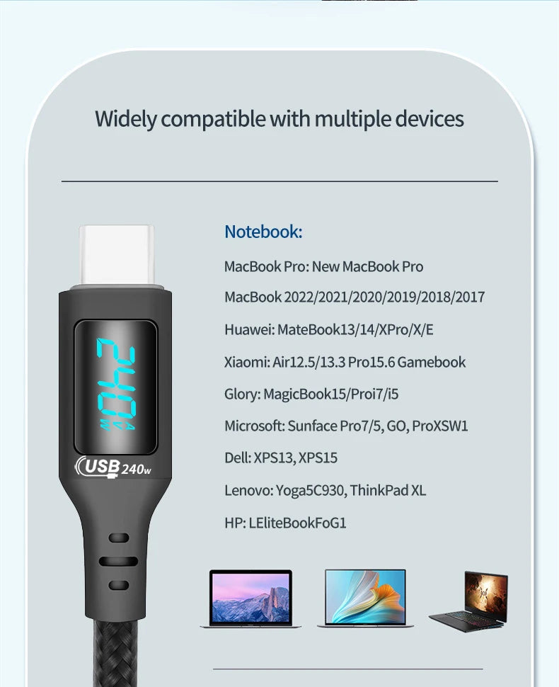240W USB-C to USB-C Fast Charging Cable with Real-Time LED Power Display