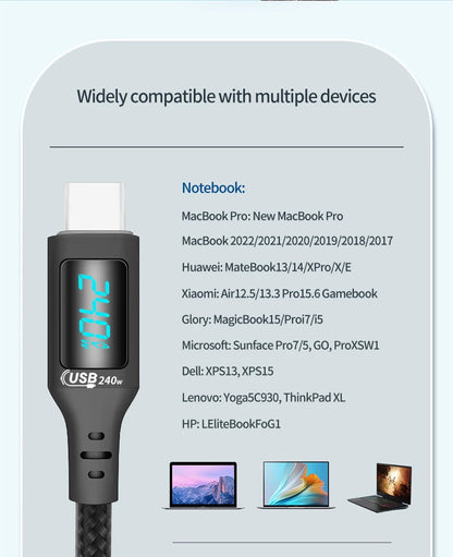 240W USB-C to USB-C Fast Charging Cable with Real-Time LED Power Display