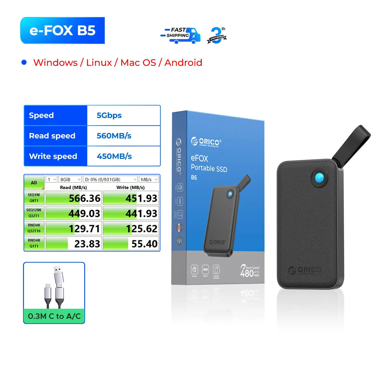 ORICO Portable SSD 560MB/s External Hard Drive for iPhone 15, Mac, PC