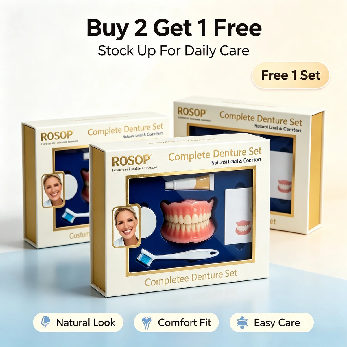 Natural Cosmetic Denture Set - Realistic Upper & Lower False Teeth Smile Makeover