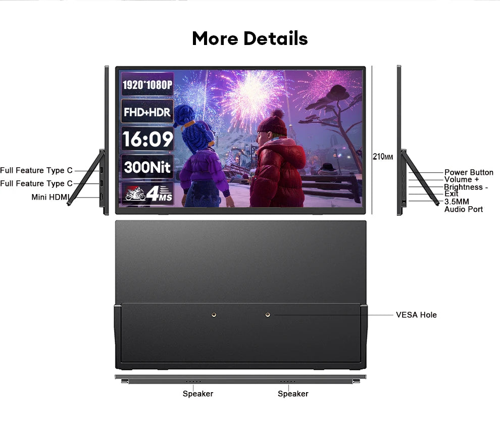 15.6" Ultra-Slim Portable Monitor FHD 1080P IPS 100% sRGB Laptop Second Screen - 16