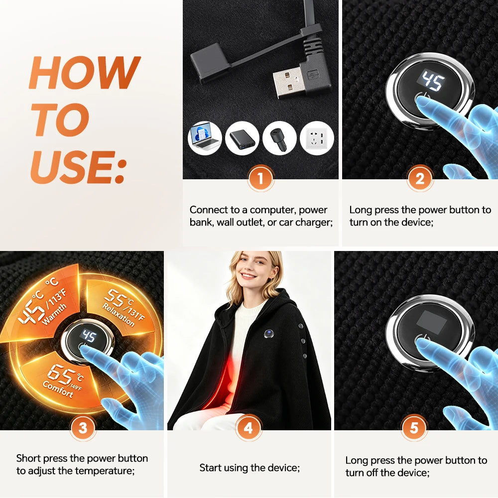 Graphene Heated Hooded Wearable Shawl Blanket with 3 Adjustable Temperature Settings - 14
