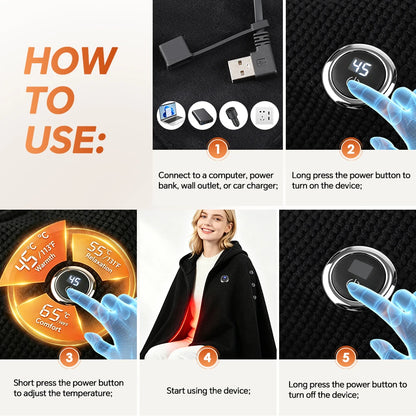 Graphene Heated Hooded Wearable Shawl Blanket with 3 Adjustable Temperature Settings