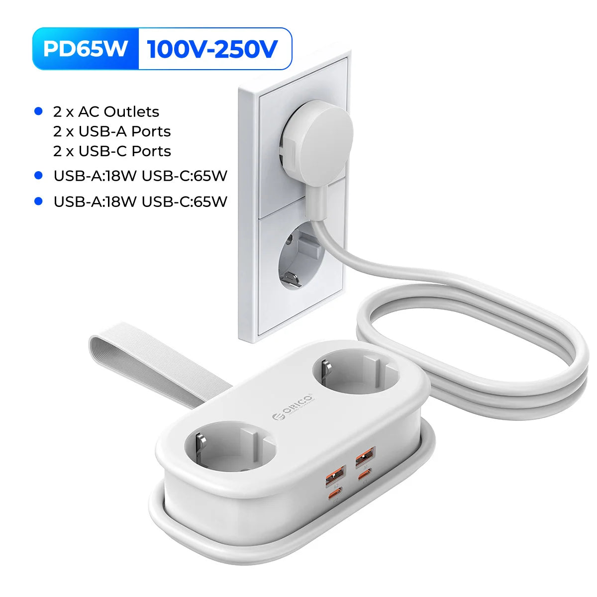 65W GaN Fast Charging Power Strip - 6-in-1 Compact Travel Charger & Adapter - 12