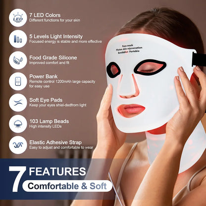Wireless 7-Color LED Light Therapy Silicone Face & Neck Mask