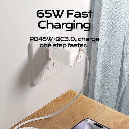 65W Retractable USB-C Fast Charger - Portable PD Travel Adapter for Laptop
