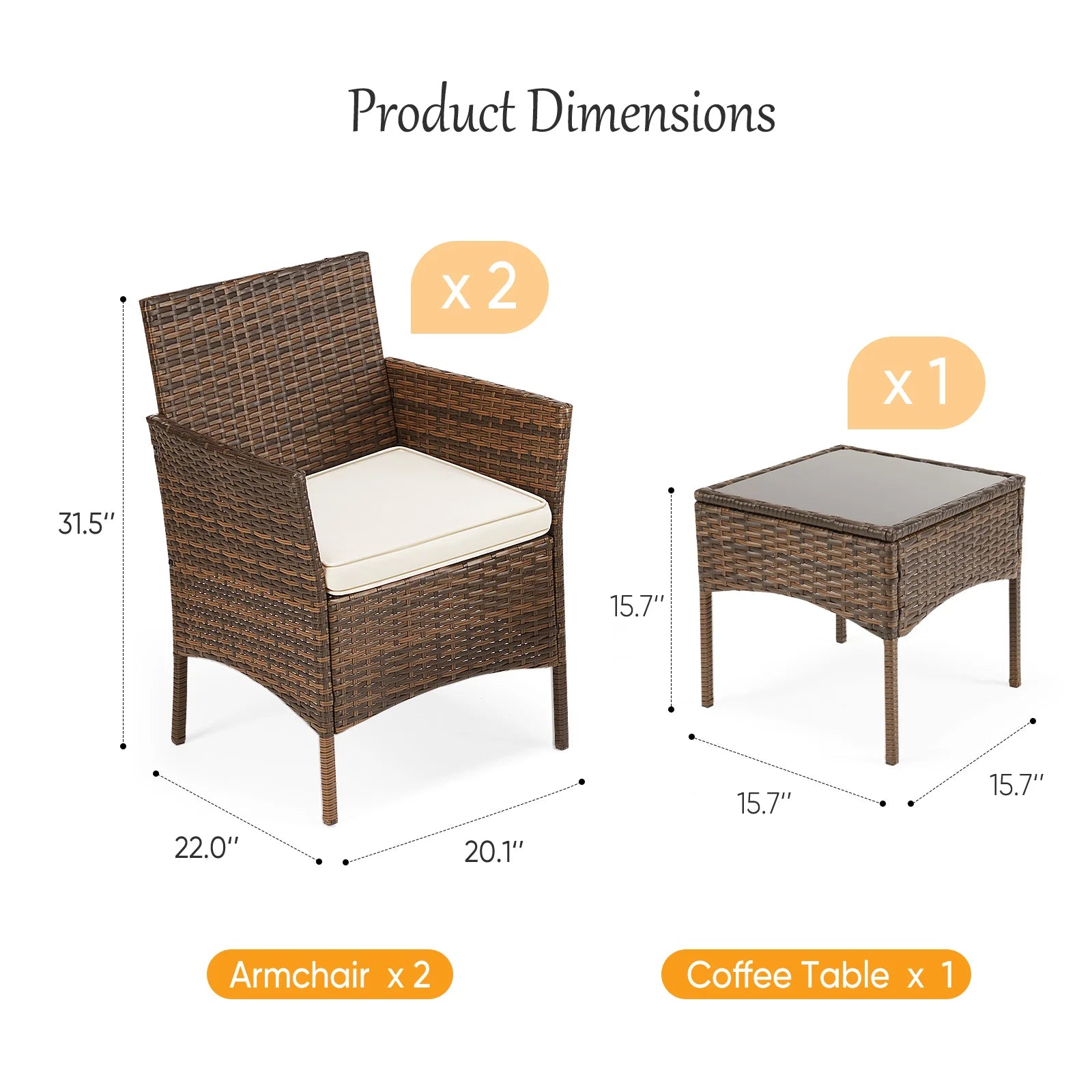 3-Piece Outdoor Rattan Patio Furniture Set with Cushions & Glass Table - 5
