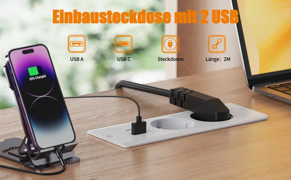 German Standard Dual Socket with PD 20W USB-C & 2.4A USB Fast Charging