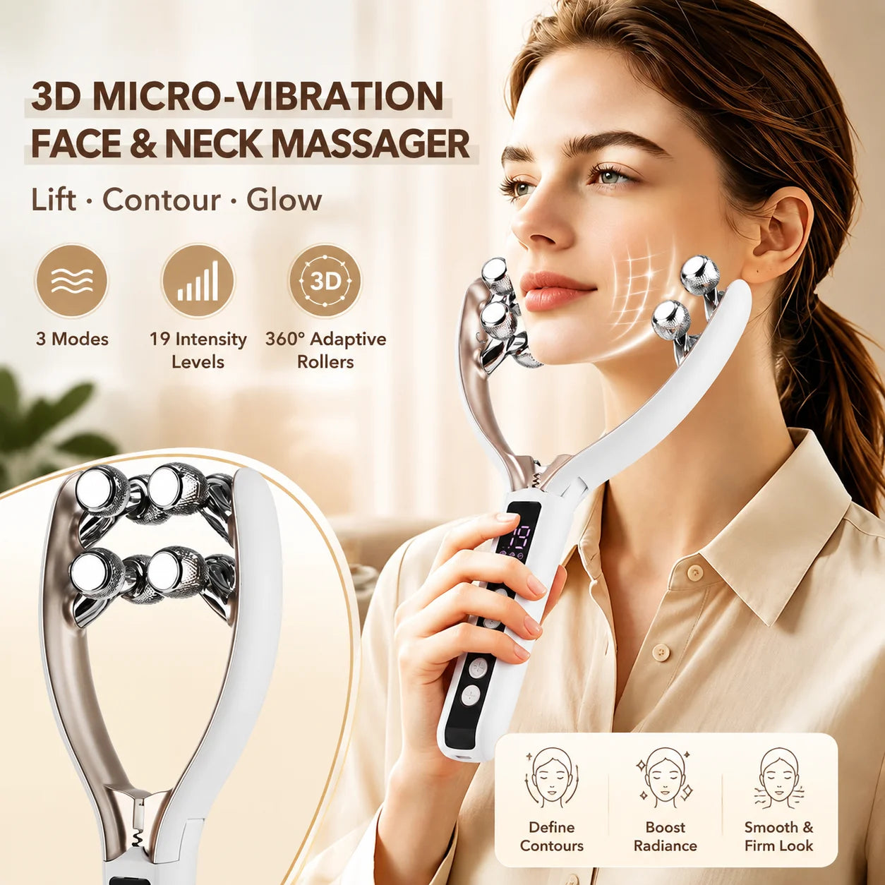 Microcurrent Face & Neck Lifting Massager - Electric V-Shape Slimming Roller - 1
