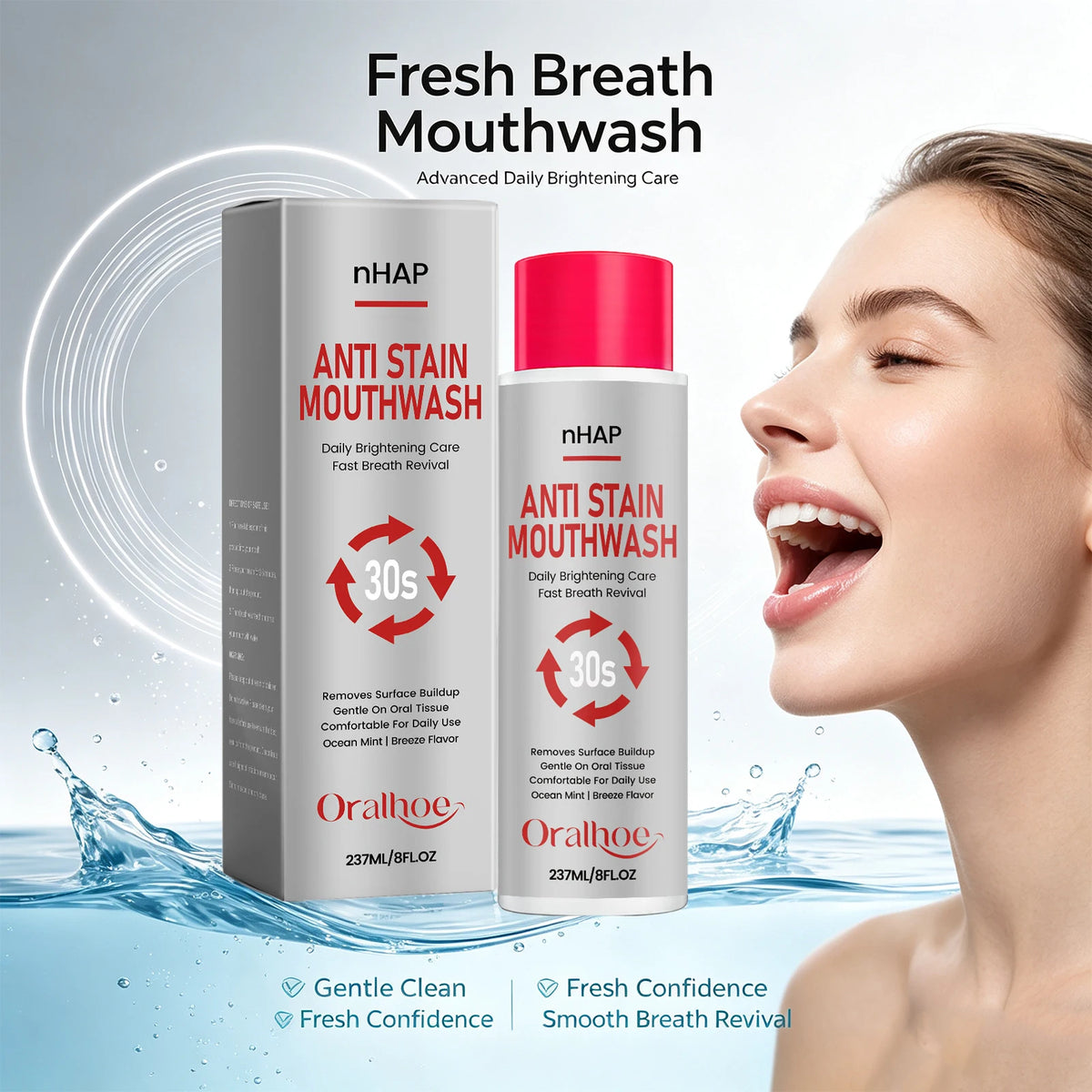 Anti-Stain Teeth Whitening Mouthwash - Alcohol-Free Daily Oral Care & Fresh Breath
