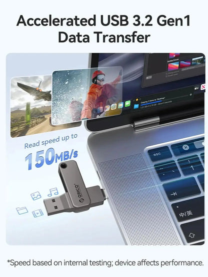 Dual USB-C & USB-A Flash Drive - Fast 150MB/s Metal Thumb Drive for Phone