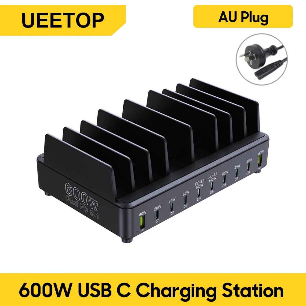 600W 10-Port GaN Desktop Charging Station - Fast PD 3.1 USB-C Charger