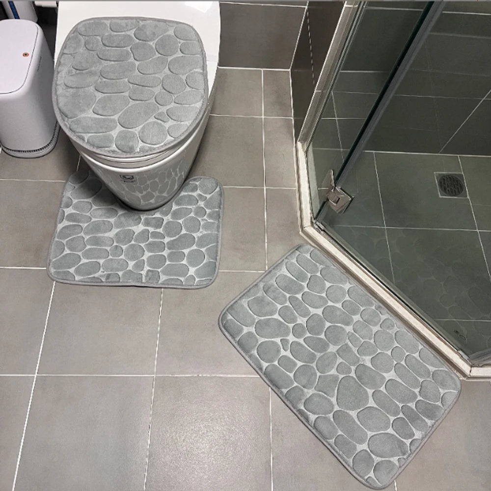 3-Piece Cobblestone Bath Mat Set - Non-Slip & Absorbent - 1