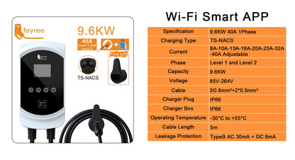 Fast Tesla NACS EV Home Charging Station 7.6KW-12KW WiFi App Control