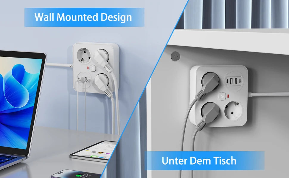7-in-1 European Power Strip with 4 USB Ports & Surge Protection