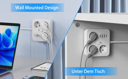 7-in-1 European Power Strip with 4 USB Ports & Surge Protection