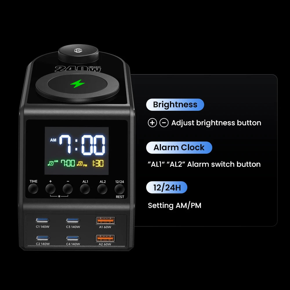 240W GaN Charging Station - 6-Port Fast Charger with Dual Wireless & Clock - 6