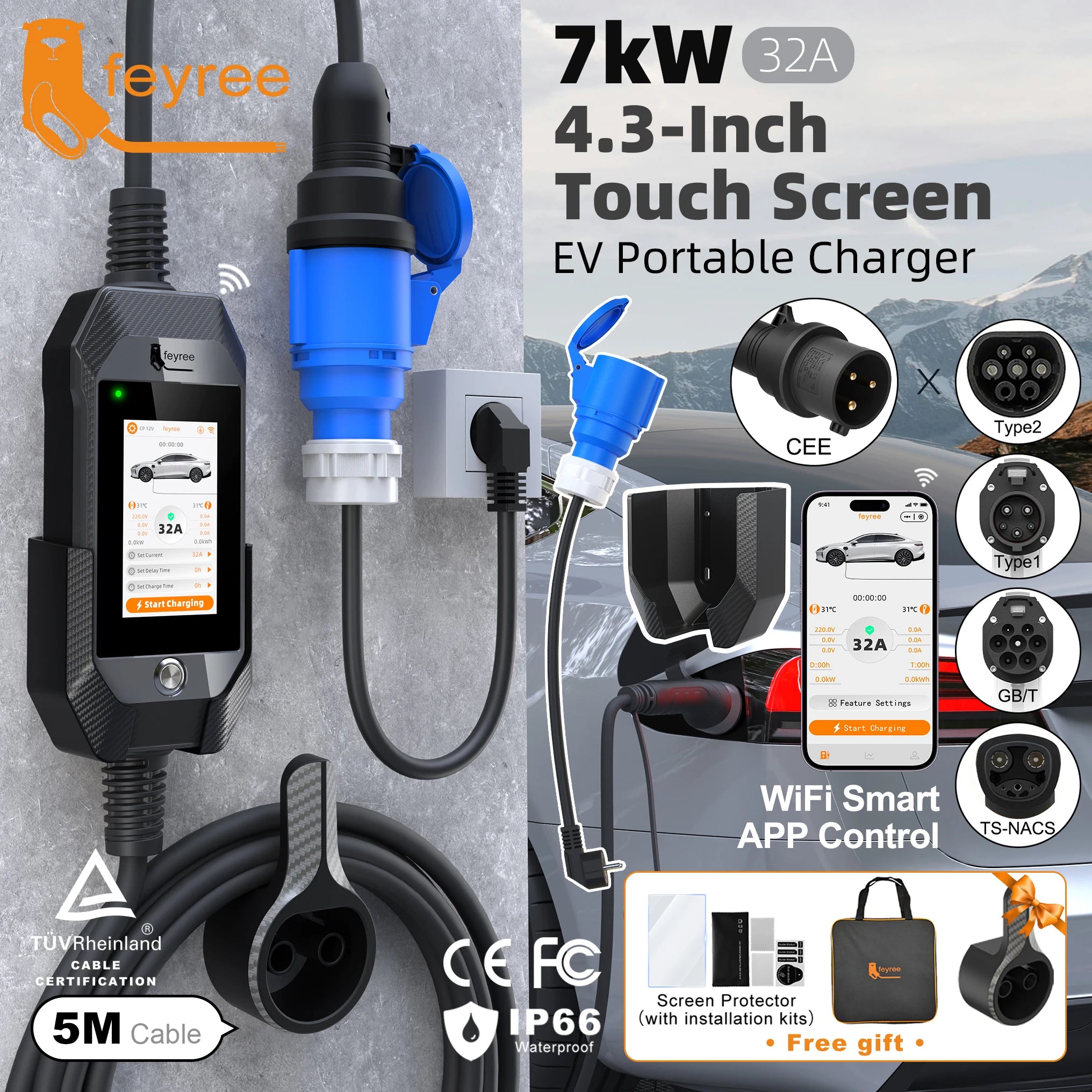 Portable 7kW EV Charger with 4.3" Touchscreen & Smart WiFi App Control - 1